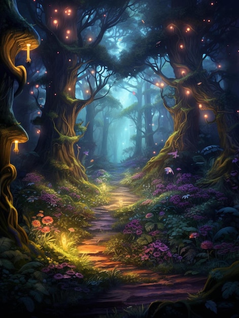 a forest path in the forest with lights and a path.