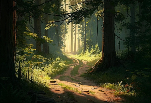 Forest path in the sun AI Generated