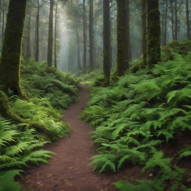 A forest path with ferns in the foreground