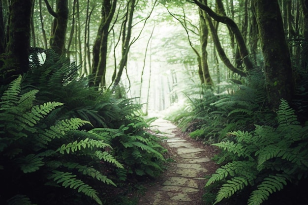 A forest path with ferns in the foreground