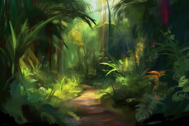 A forest path with a jungle scene.