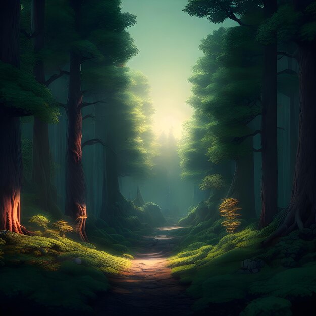 A forest path with a light on the bottom