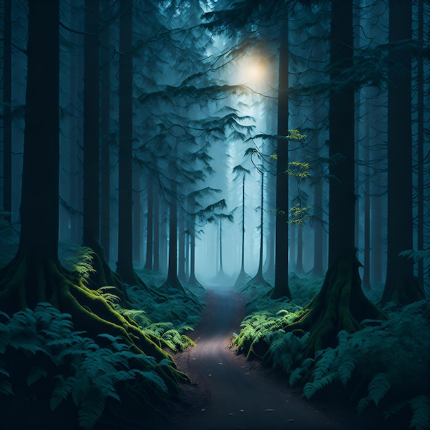 A forest path with a light shining on it