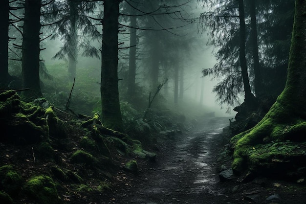 A forest path with a path in the fog.