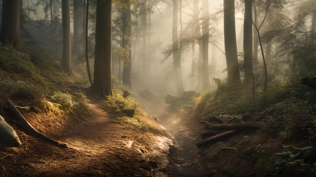 森という言葉が書かれた小道のある森の小道