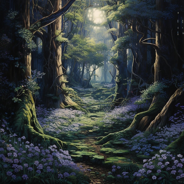 a forest path with purple flowers and moss in the background.