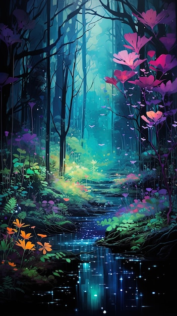 a forest path with a stream and colorful flowers.