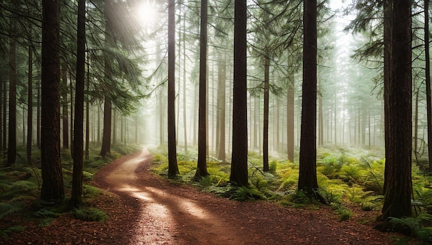 A forest path with the sun shining through the trees