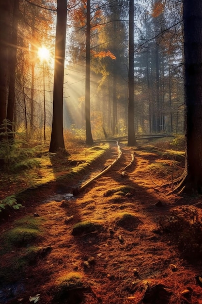 A forest path with the sun shining through the trees