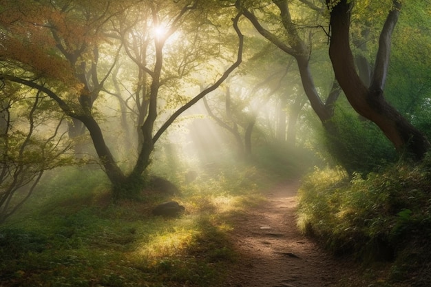 A forest path with the sun shining through the trees