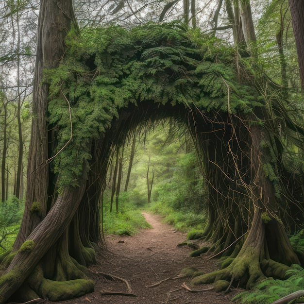 A forest path with a tree arch made of moss and vines.