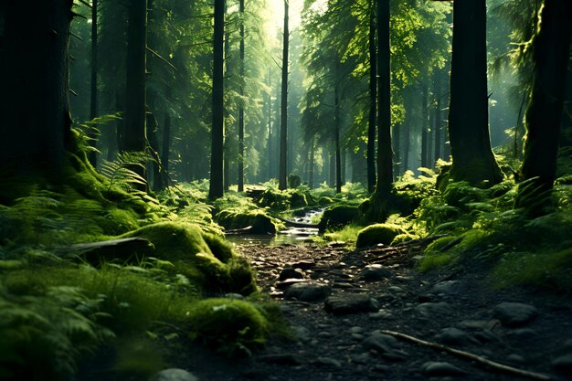 Forest pathway filled with flowing stream