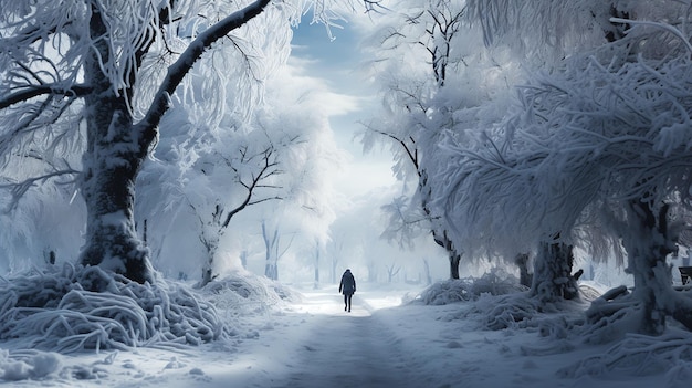 forest person walking down snowy path artistic still endgame trailing white vapor people outside