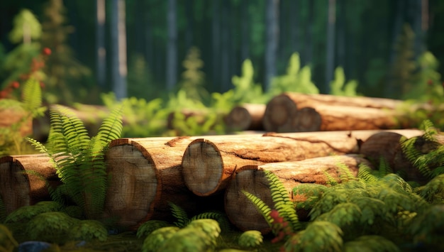 Forest pine and spruce trees Log trunks pile the logging timber wood industry Wide banner or panoram