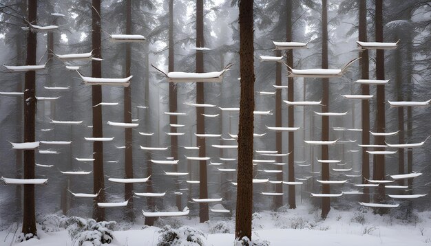 Photo a forest of pine trees covered in snow with a snow covered tree in the background