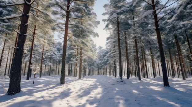 a forest of pine trees covered in snow.