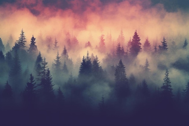 a forest of pine trees in the fog.