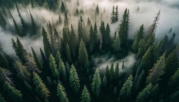 A forest of pine trees with a foggy background