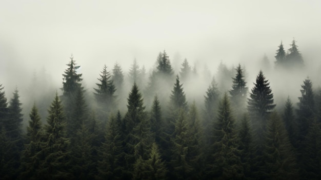 a forest of pine trees with a foggy sky