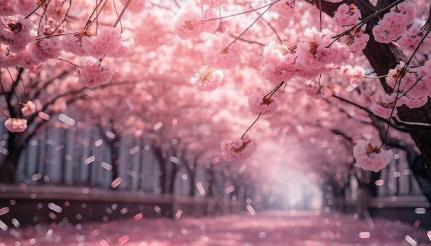 분홍색 체리 꽃의 숲