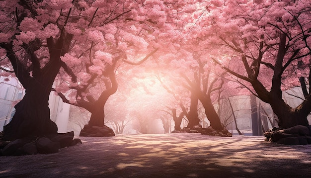 A forest of pink cherry blossoms