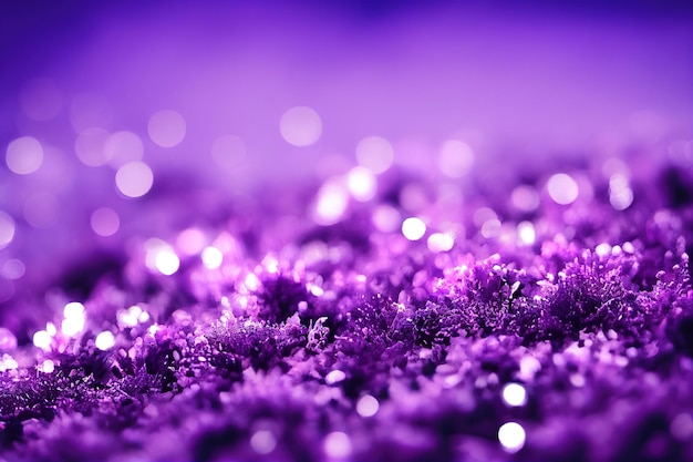 Forest plants at night in shining moonlight in purple tones with light reflections closeup