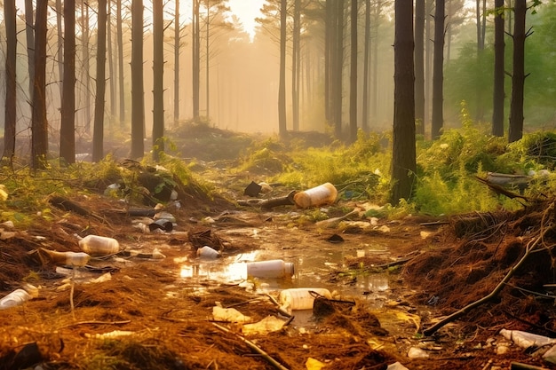 Загрязнение леса мусором экологическая экологическая катастрофа тема спасти планету Ай генератив