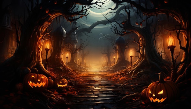 Forest pumpkins Horror background with autumn valley with woods spooky tree pumpkins and spider web