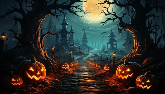 Forest pumpkins Horror background with autumn valley with woods spooky tree pumpkins and spider web