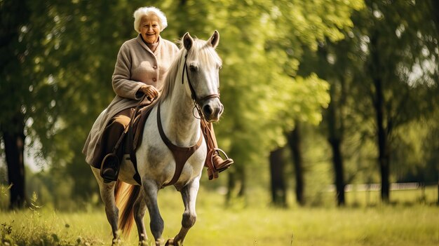 Forest Ride Elderly Rider on White Mare