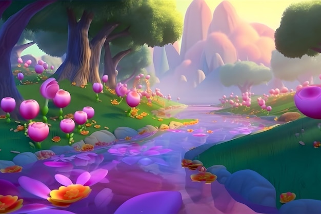 Forest river landscape in cartoon style Neural network AI generated