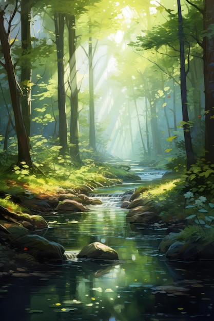 Forest river in the morning with fog and sunbeams