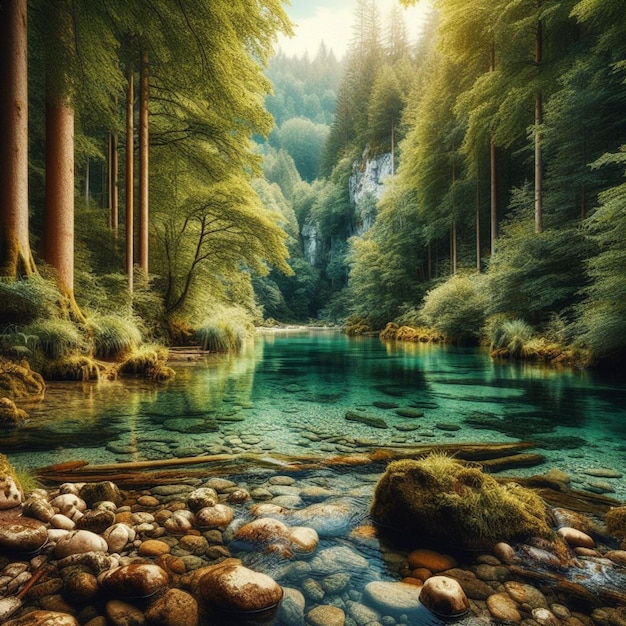 Forest and river realistic photo