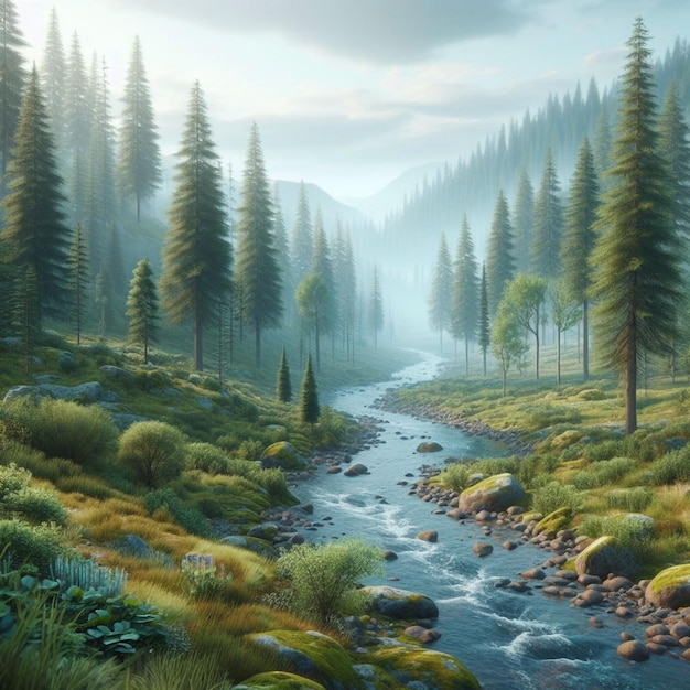 Forest and river realistic photo