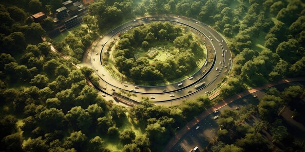 forest road adventure Aerial view of a car on a circular road in deep forest on the concept road again