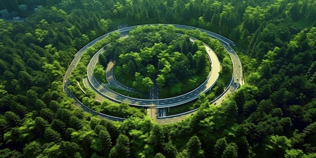 写真 フォレスト・ロード・アドベンチャー (aerial view of a car on a circular road in deep forest) はコンセプト・ロードを走る車の空中写真です