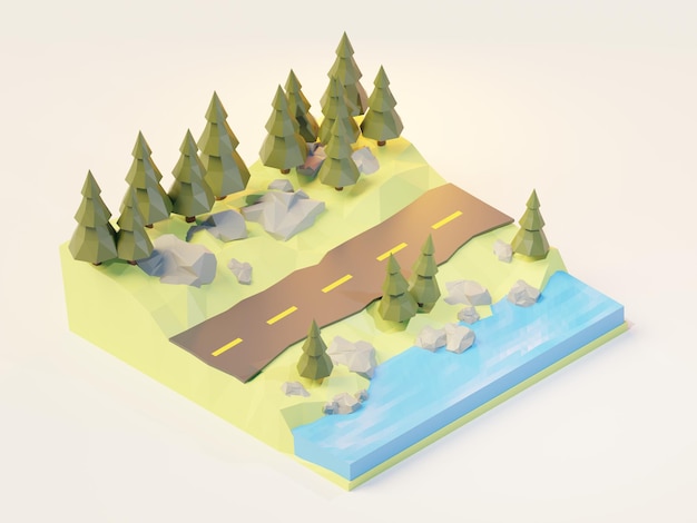 Rendering 3d isometrico della strada forestale