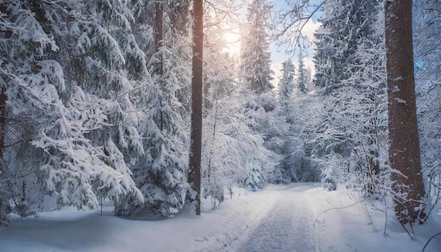 Лесная дорога среди высоких заснеженных деревьев в морозный день