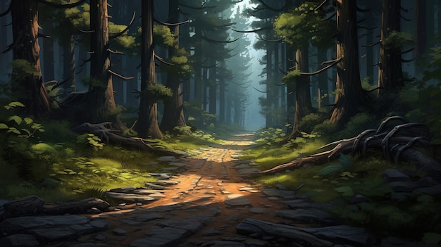 A forest road with a path leading to a forest.