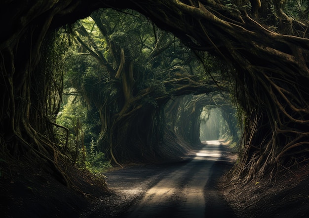 A forest road with a tunnel of overhanging branches