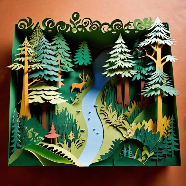 Photo forest scene made of paper traditional papercut paper crafted handmade decoration children illustra
