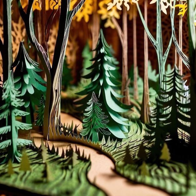 Forest scene made of paper traditional papercut paper crafted handmade decoration children illustra