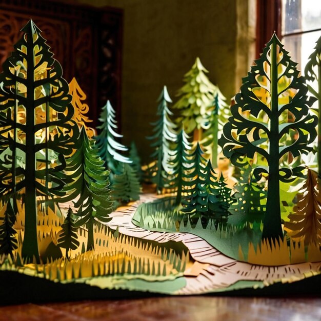 Photo forest scene made of paper traditional papercut paper crafted handmade decoration children illustra