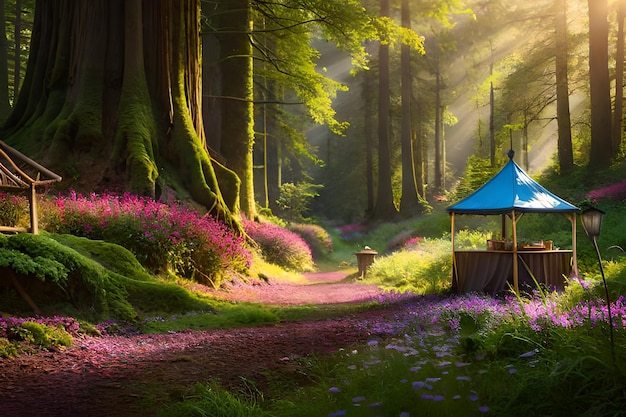 A forest scene with a blue gazebo and pink flowers.