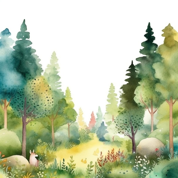 A forest scene with a bunny in the middle of the forest.