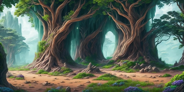 A forest scene with a cave in the middle and a tree in the middle.