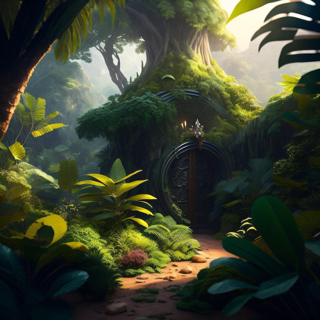 A forest scene with a door that says'the door '