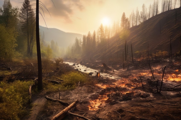 Photo a forest scene with a fire in the background.