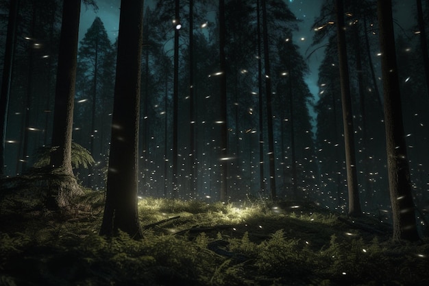 A forest scene with a firefly in the dark