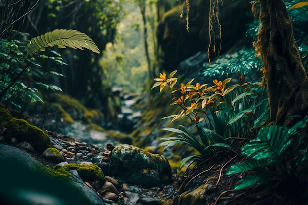 A forest scene with a forest scene and plants and a mossy rock.